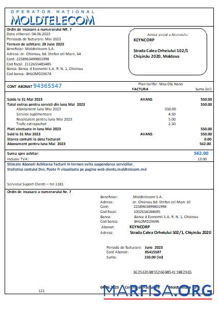 Realistic Moldtelecom utility business bill, SCR real example